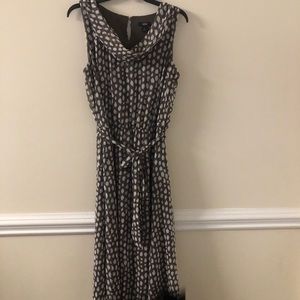 Brown/white brushed polka dot, cowl neck dress.